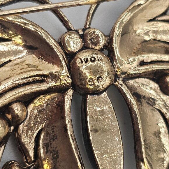 VTG 2PC Brooch Lot Gold tone Green Brown Rhinestone Enamel Fairycore Butterflies - Picture 5 of 16